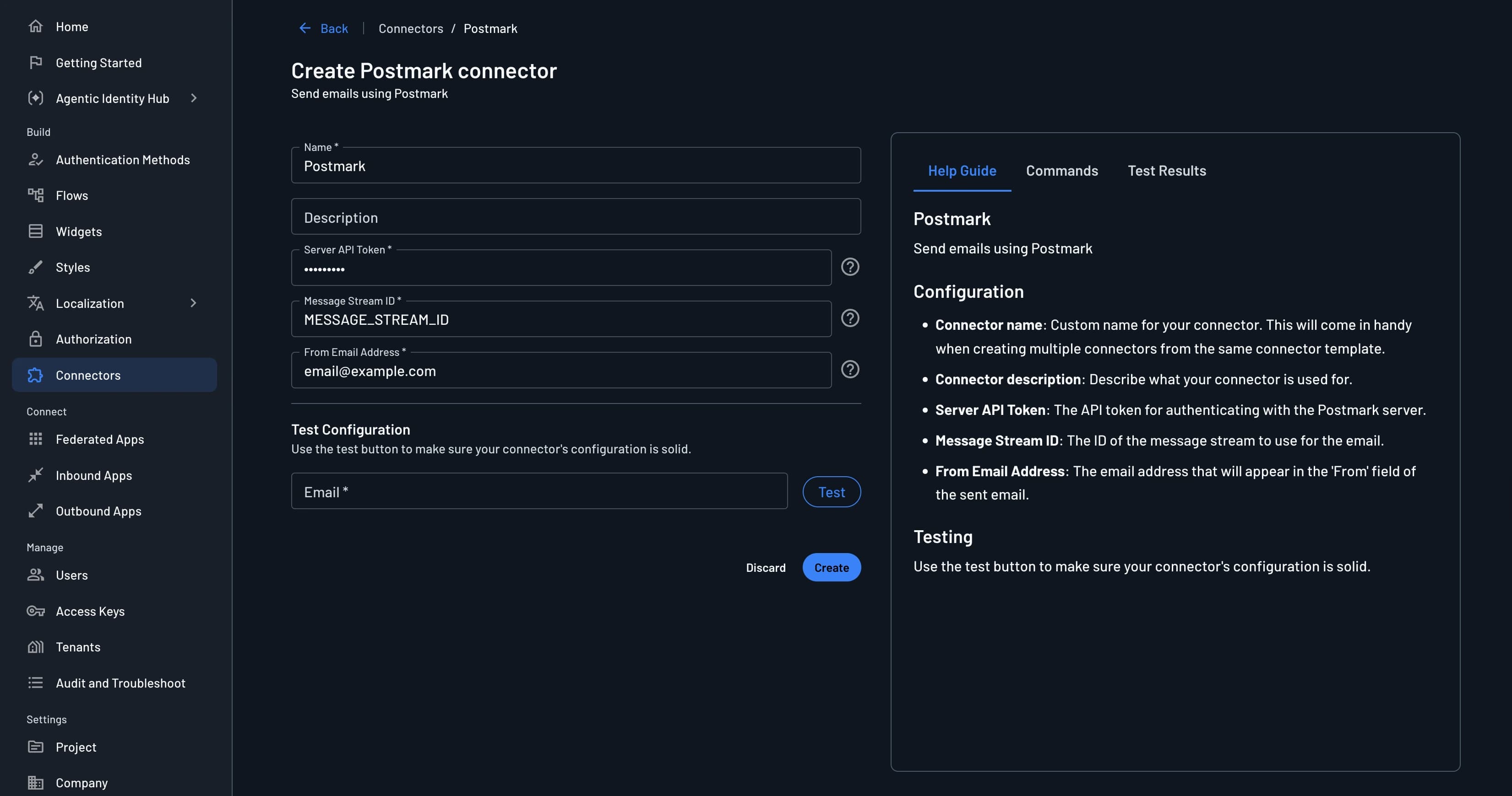 Descope example Postmark connector configuration