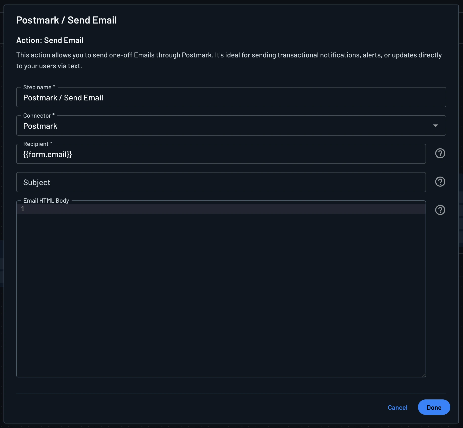 Postmark connector widget input