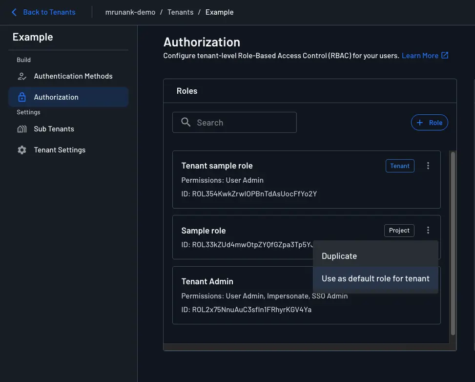project role as default role for a specific tenant