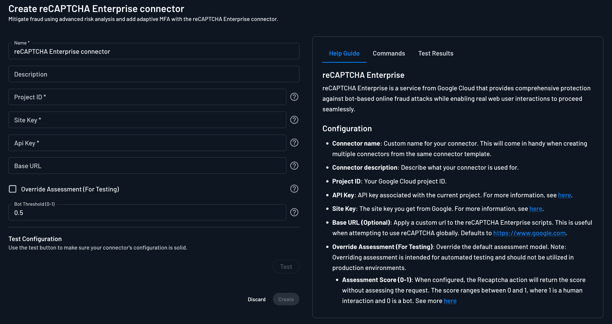 reCAPTCHA Enterprise connector creation