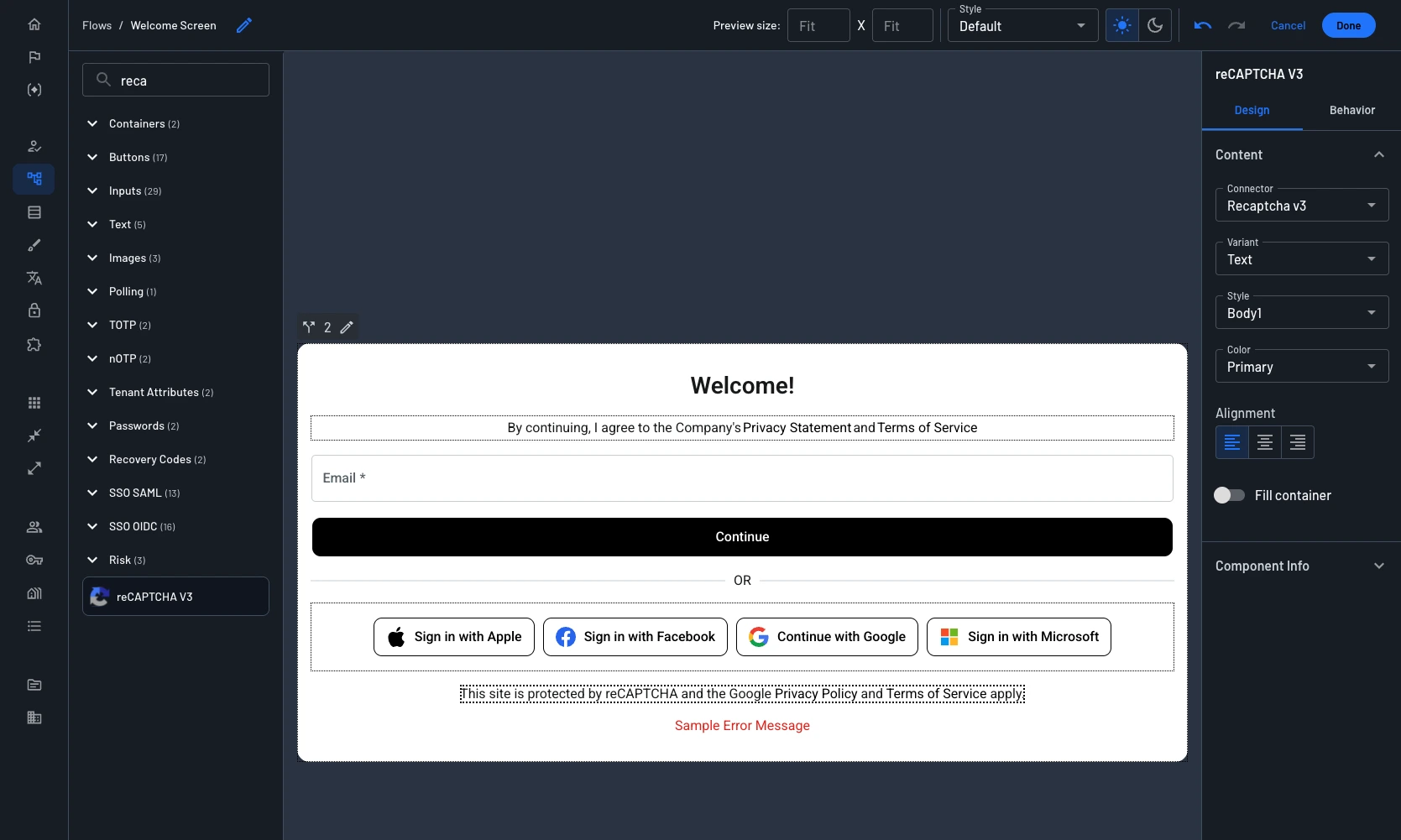 reCAPTCHA connector placement in screen