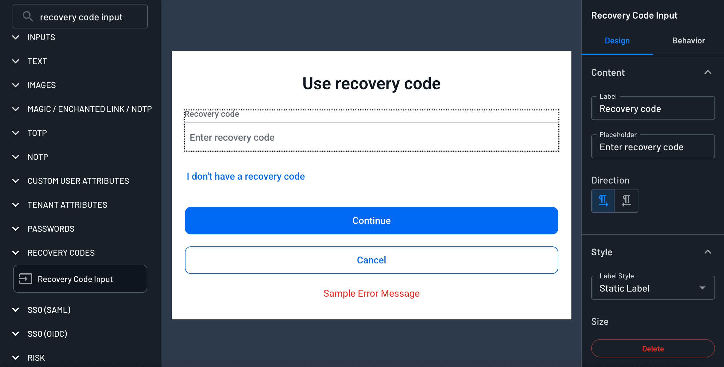 Recovery code input component
