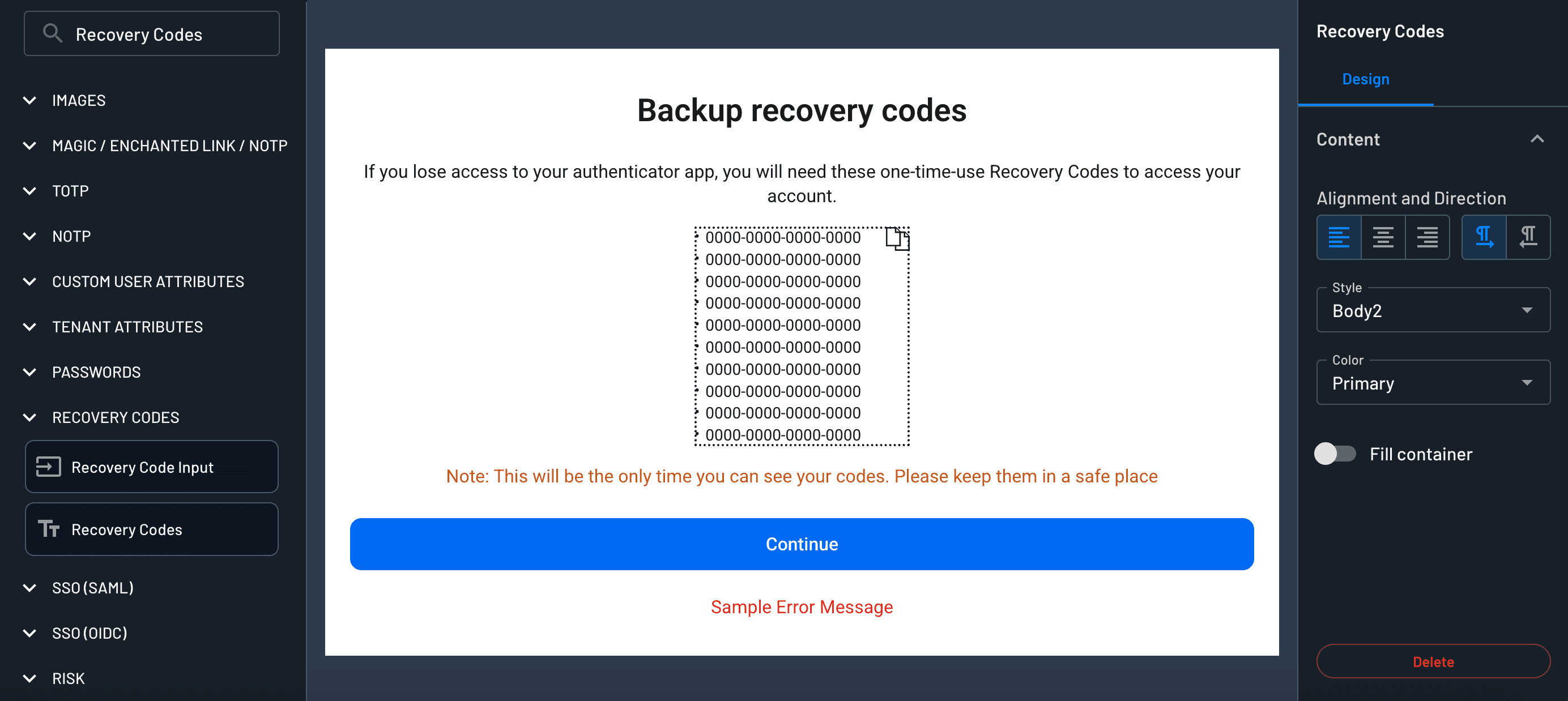 Recovery codes display component