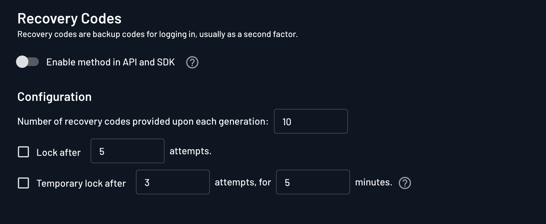 Recovery Codes Settings