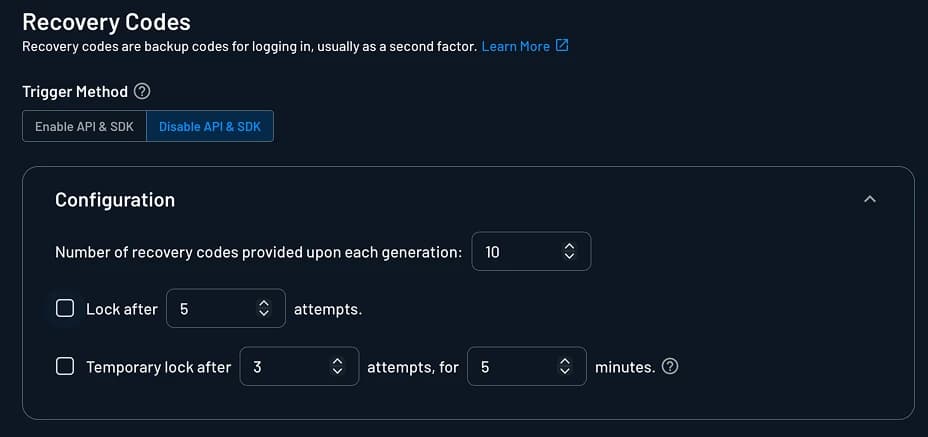 Recovery Codes Settings