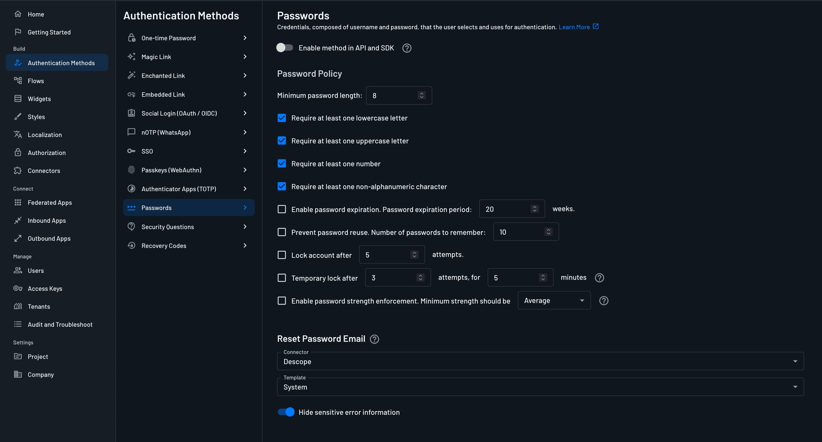 Reset Password Settings