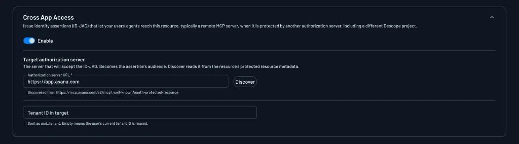 Cross App Access section of a Resource