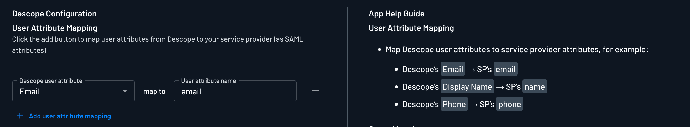 Configuring user attribute mapping for a SAML Application within Descope