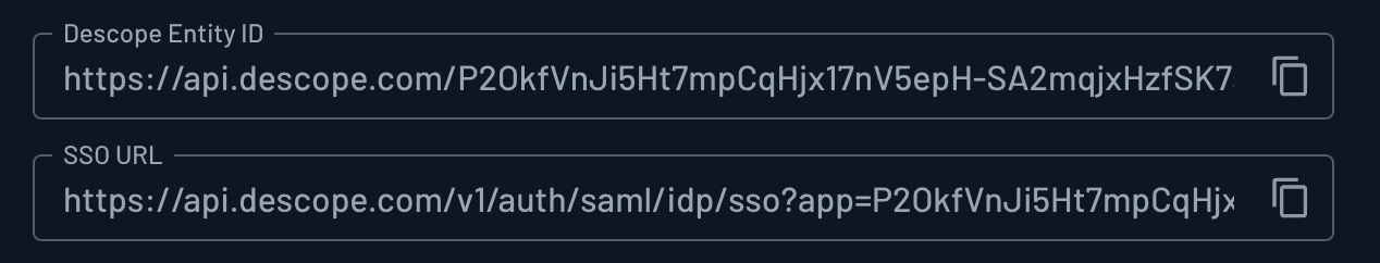 SSO URL, Entity ID