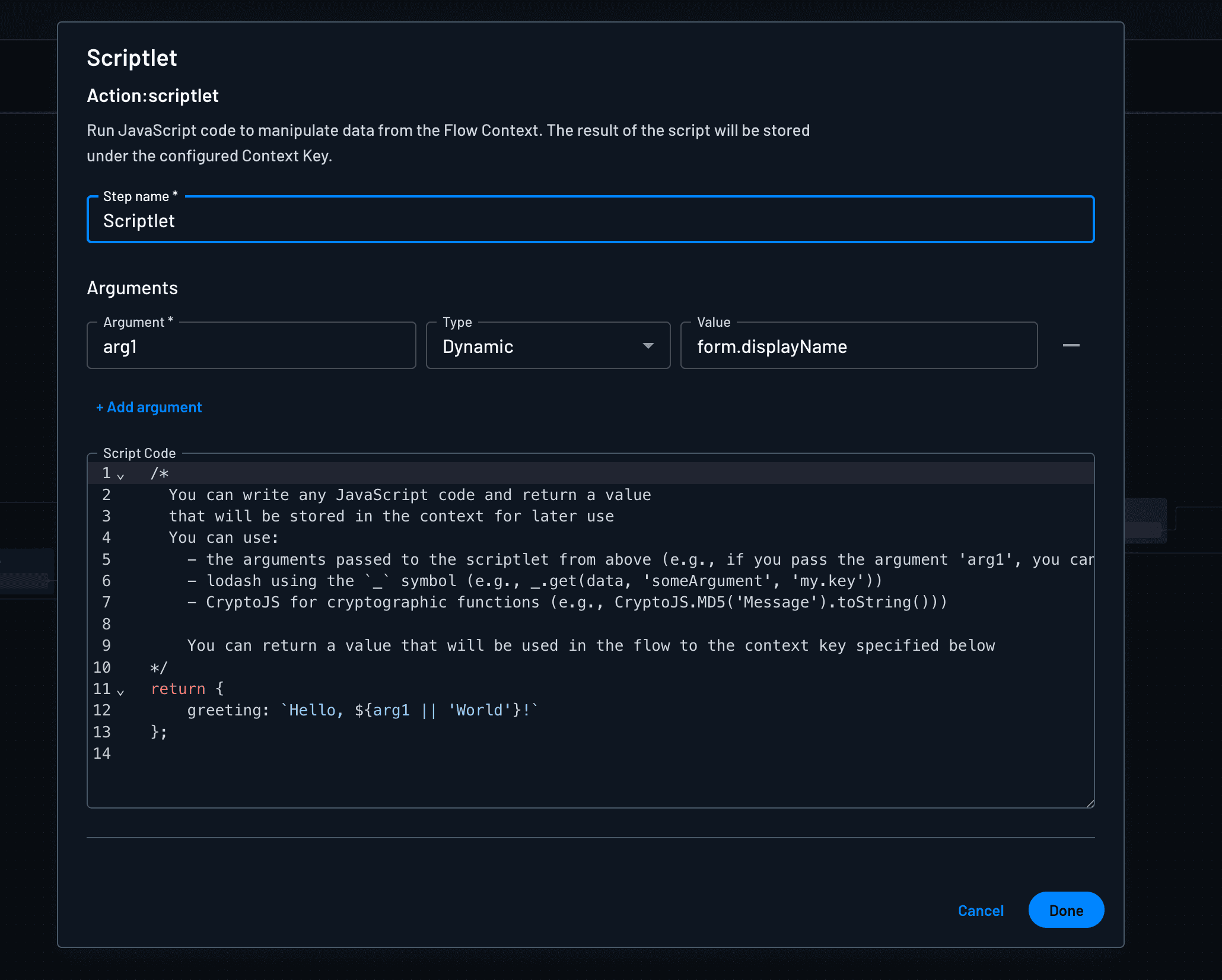 Scriptlet action in the flow editor