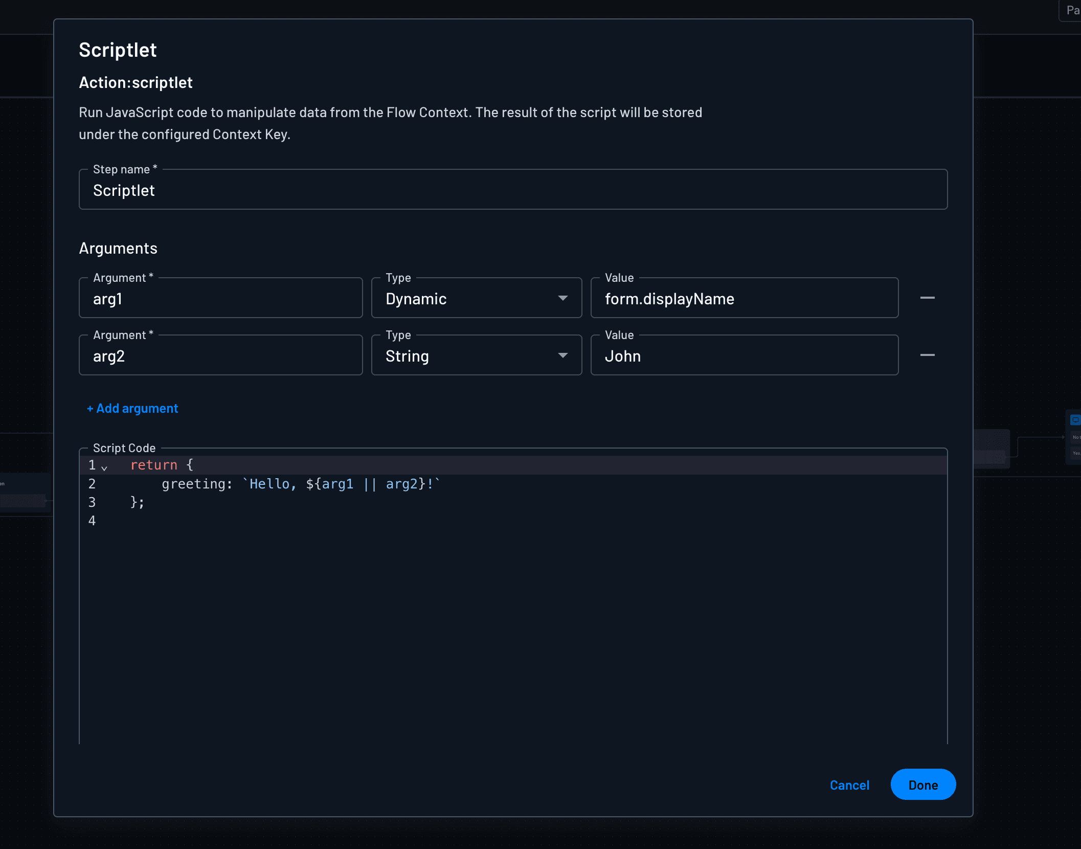 Scriptlet arguments