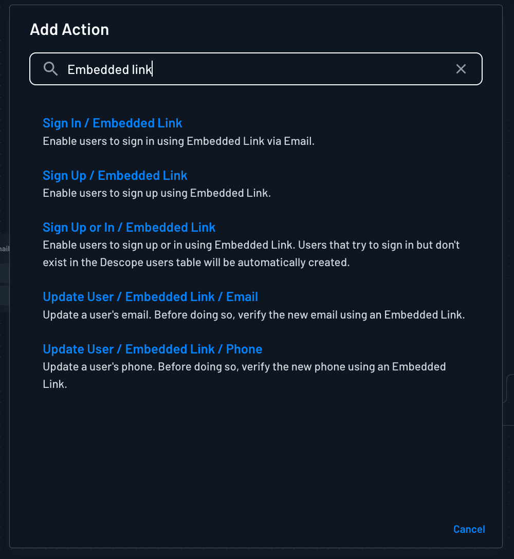 Searching for embedded link actions within Descope flows