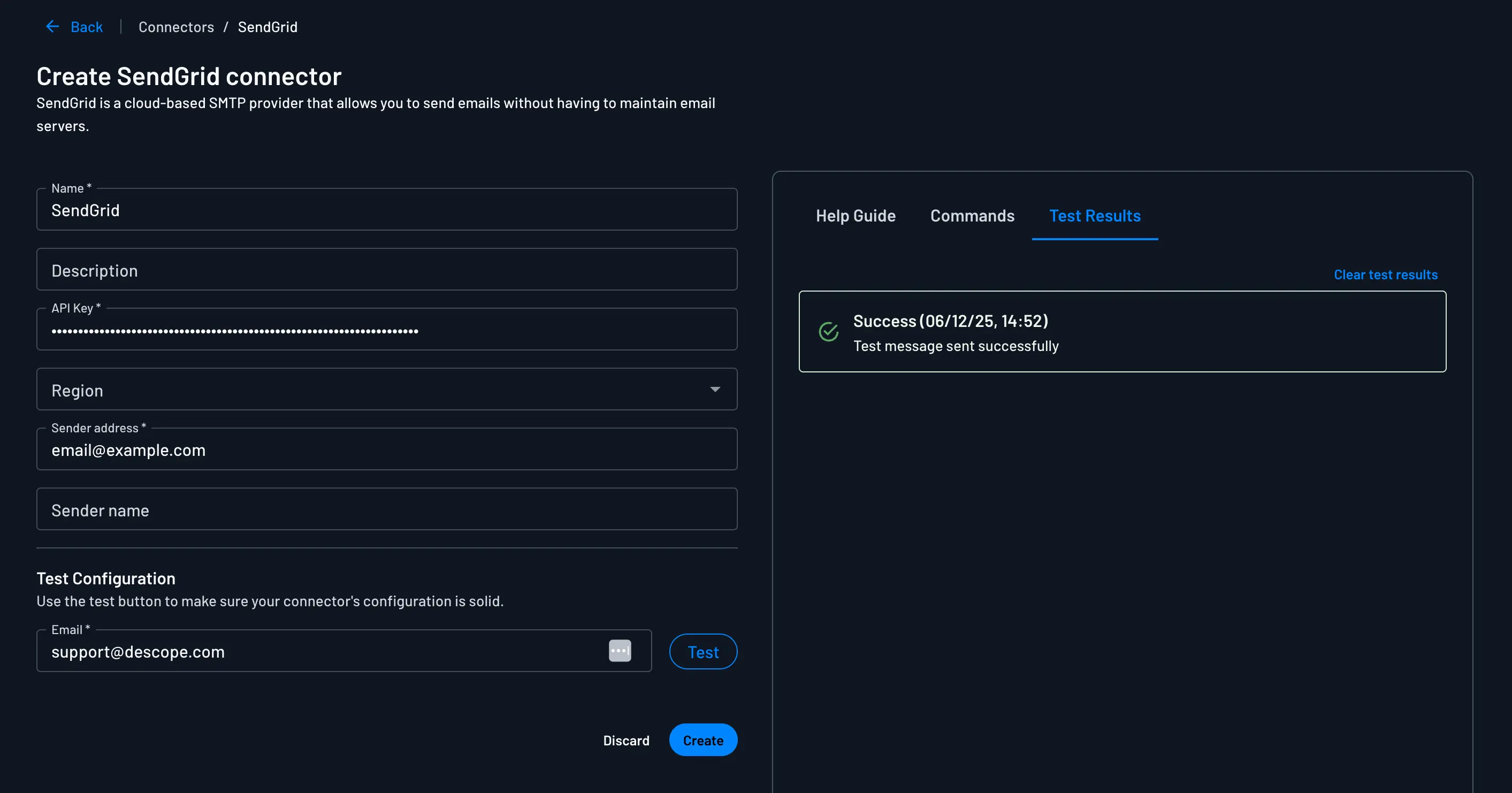 Descope example sendgrid connector configuration