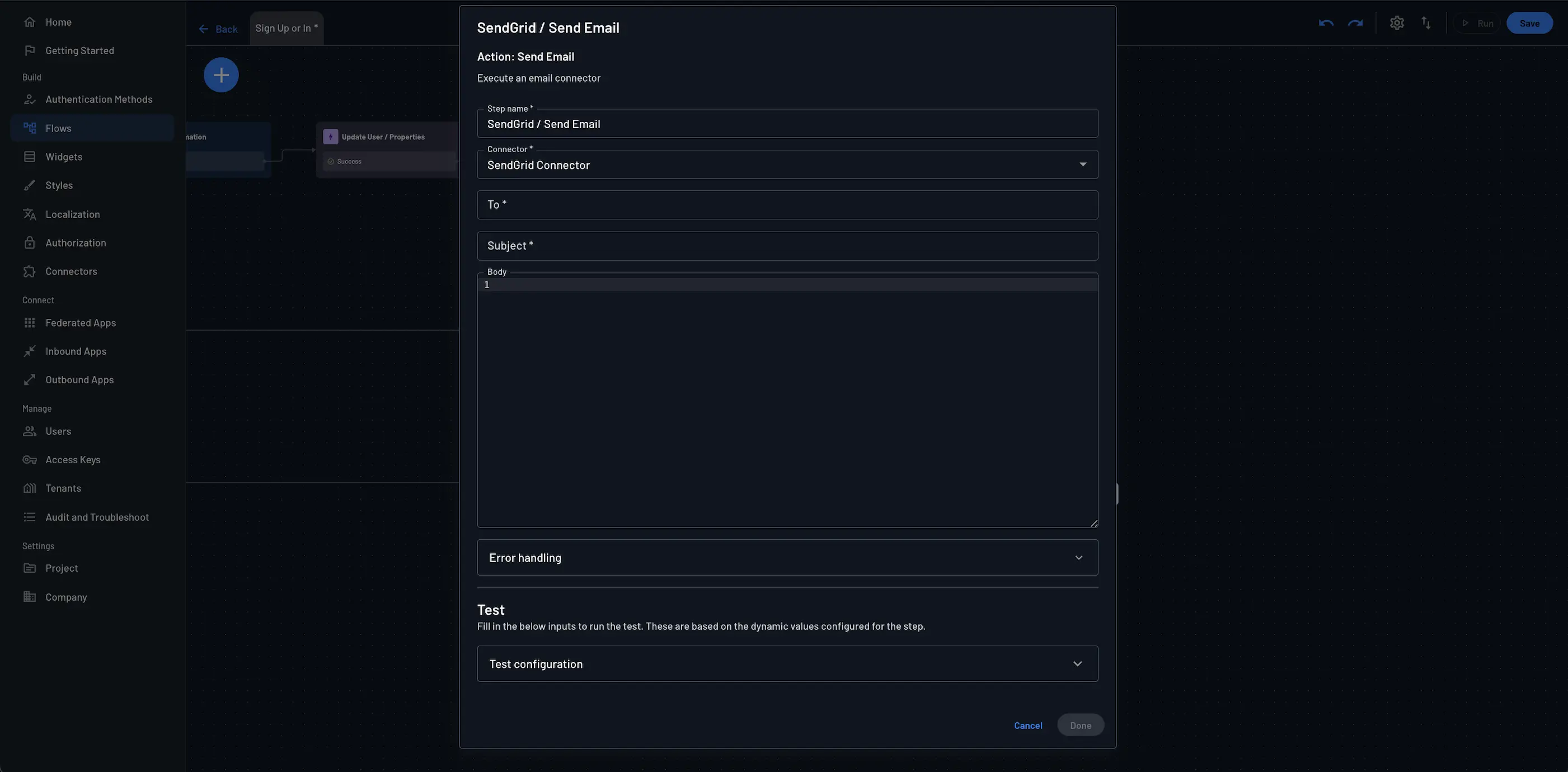 Descope example sendgrid connector configuration within flow
