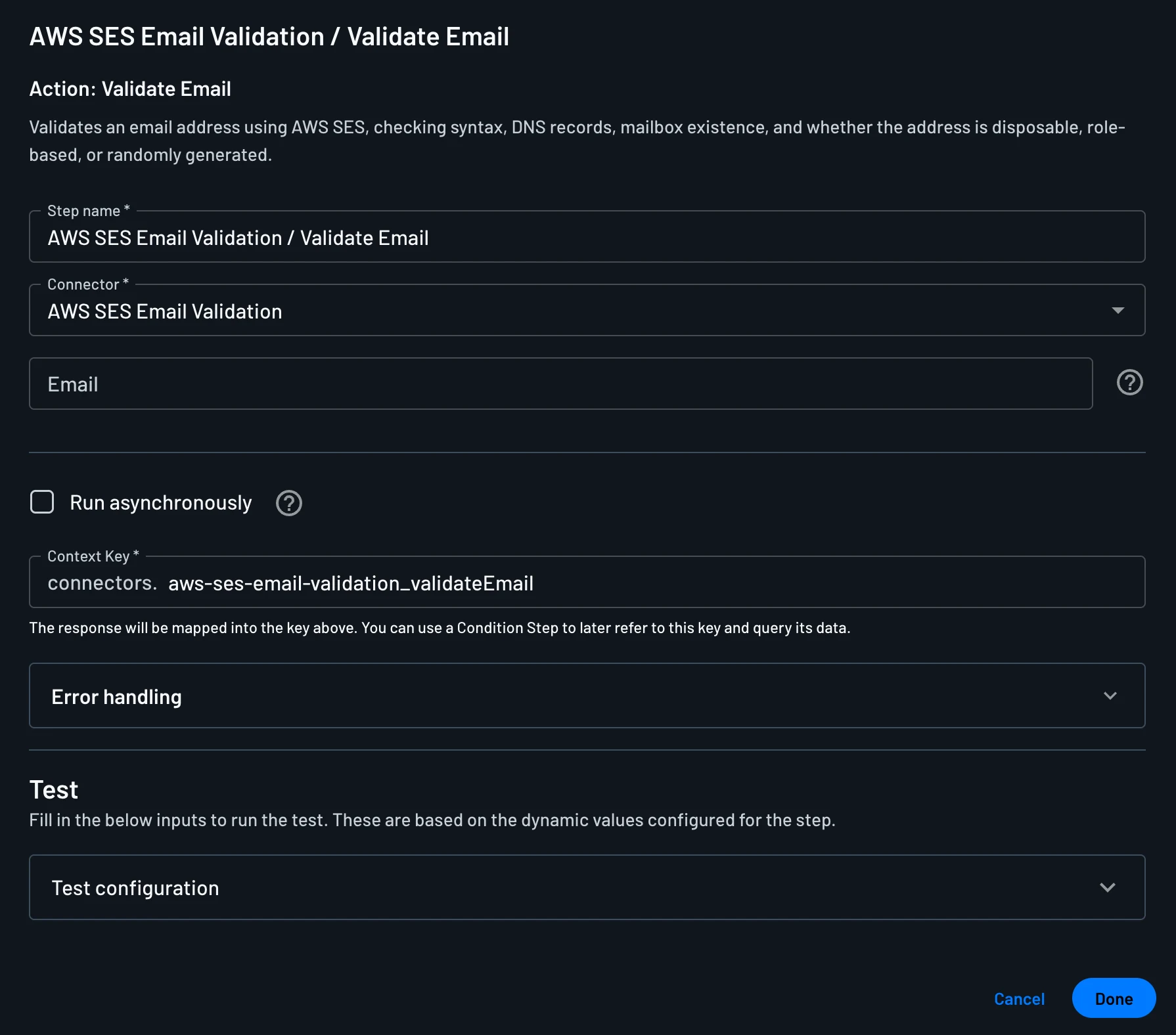 AWS SES Email Validation connector action