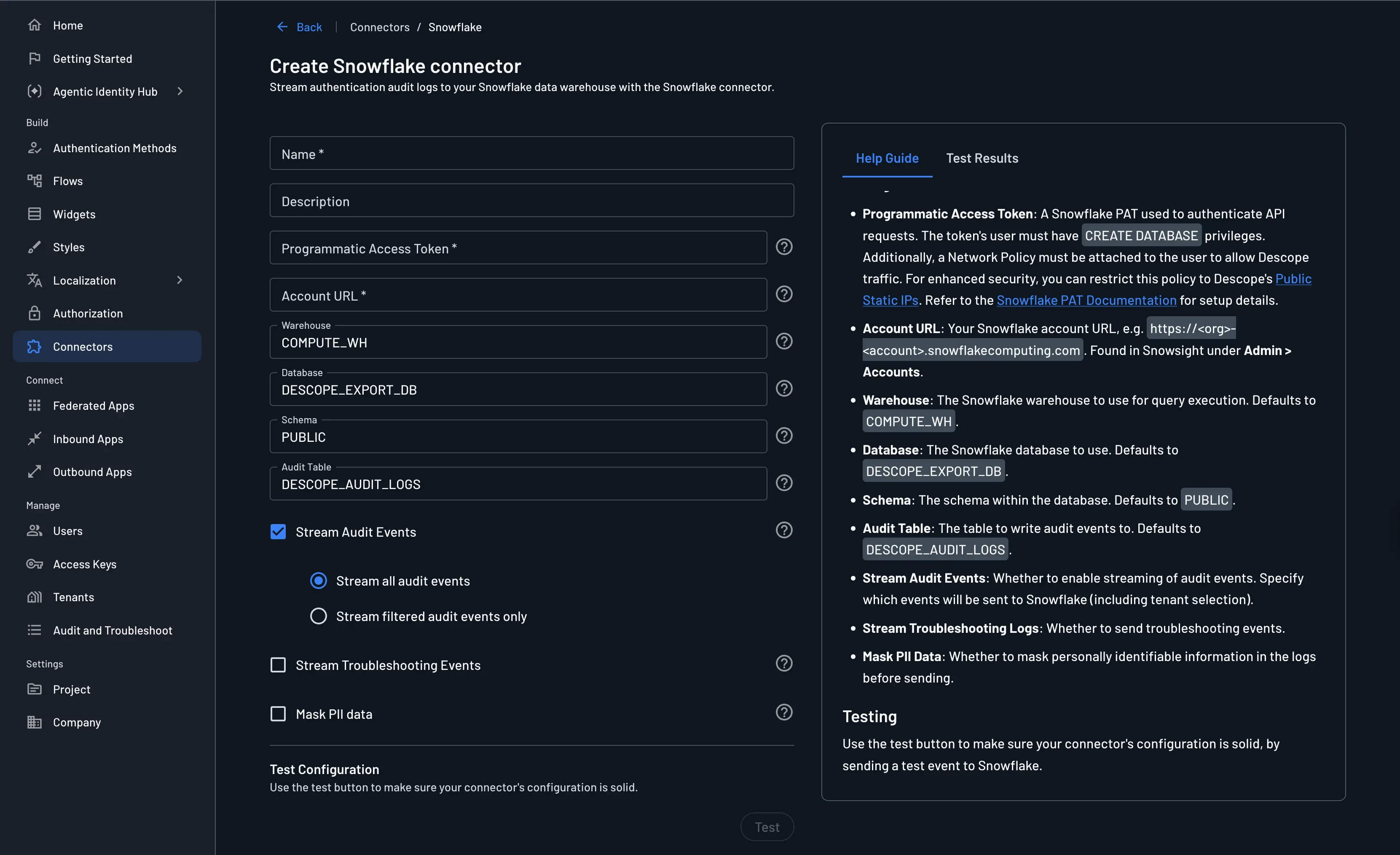 Snowflake connector setup