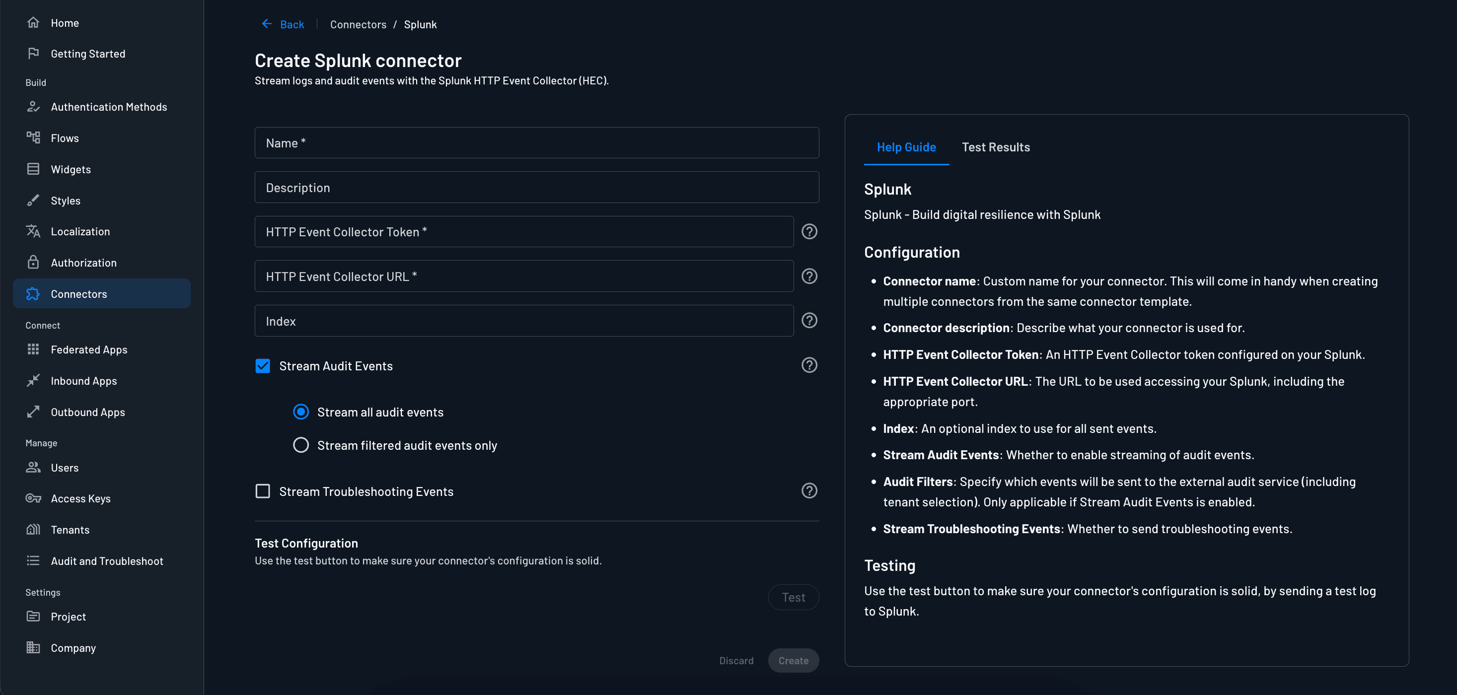 Splunk connector setup