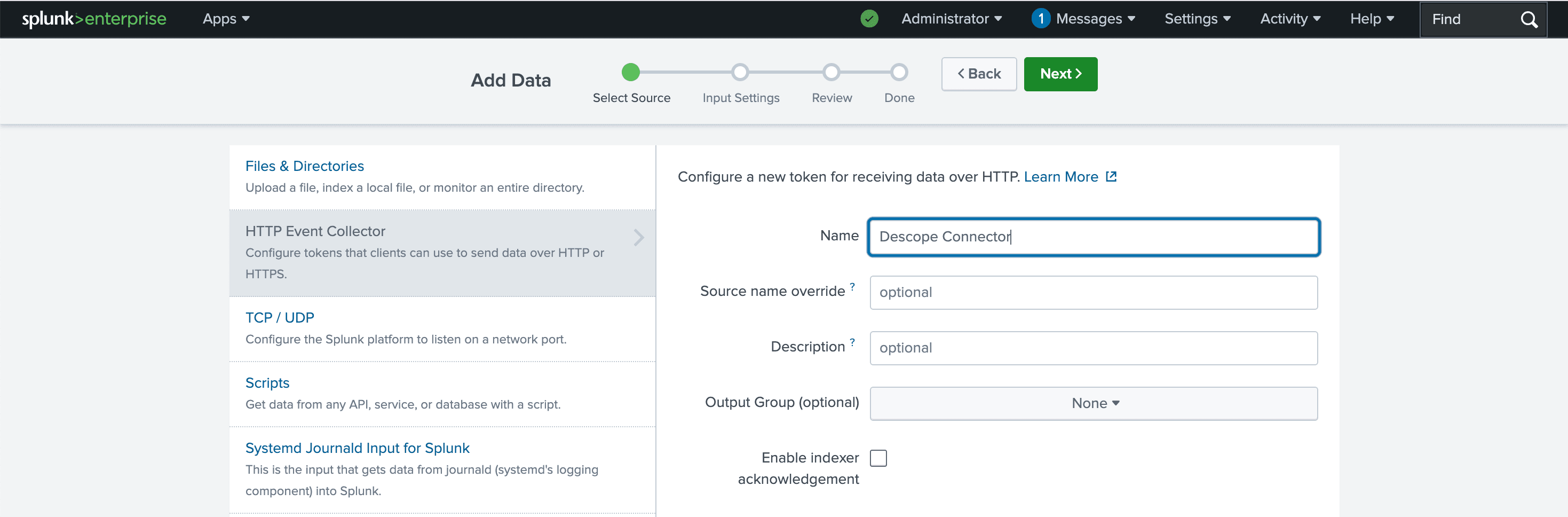 Splunk create HEC and add name