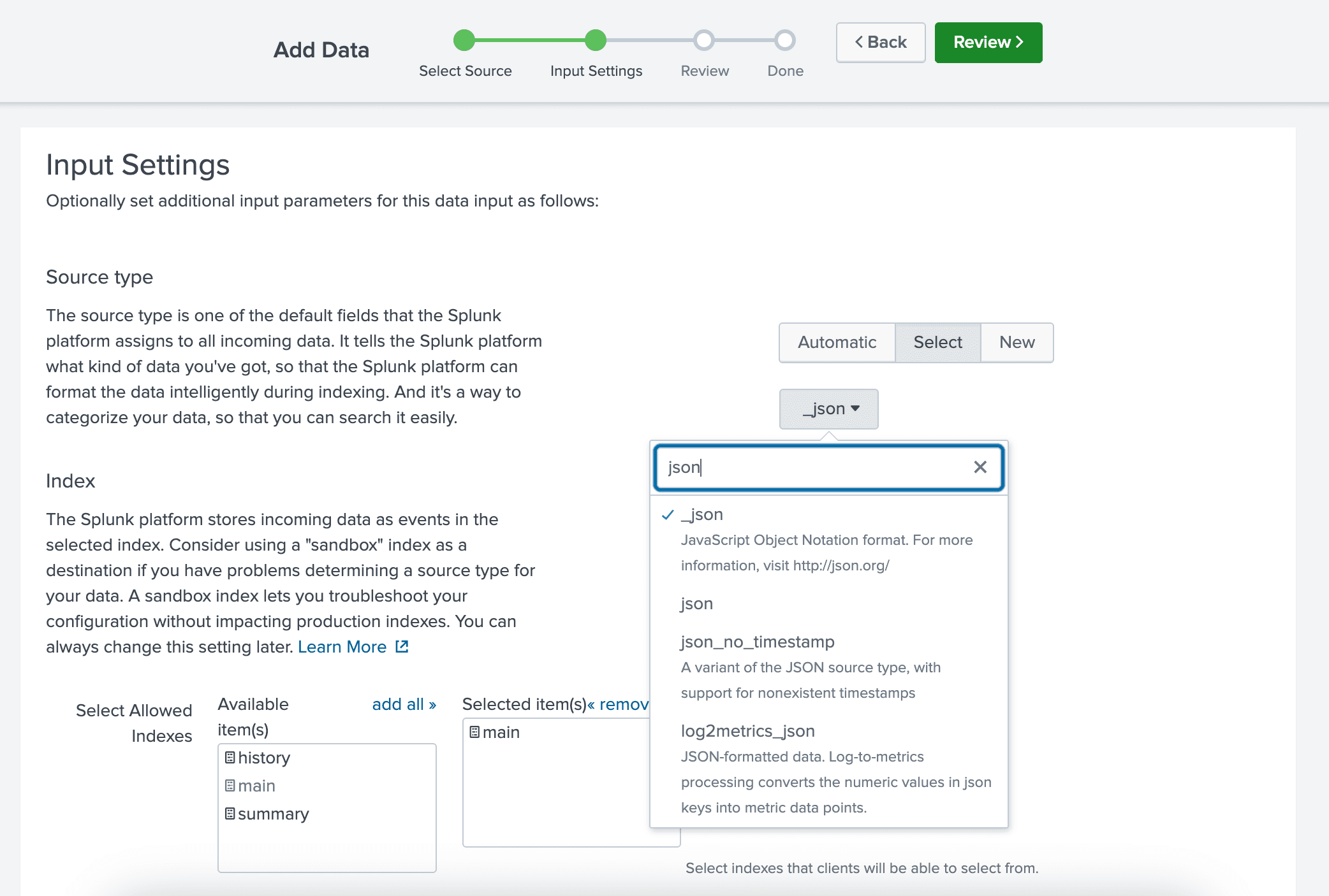 Splunk create HEC and set input settings