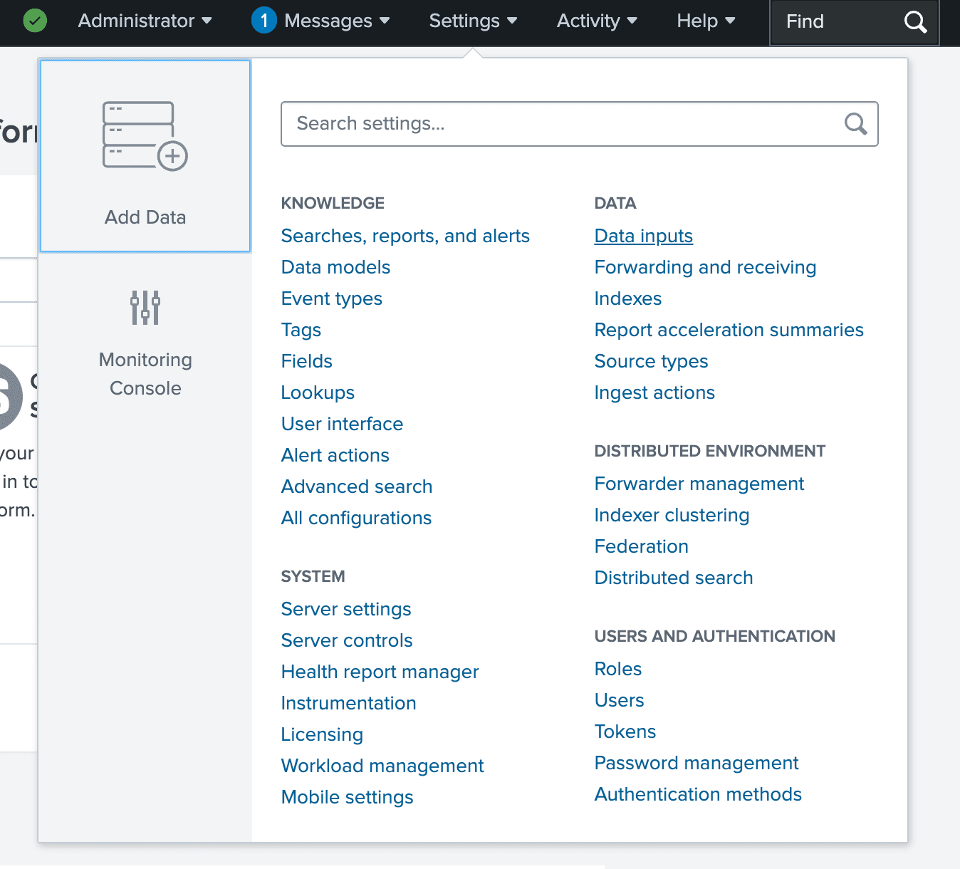 Splunk settings window
