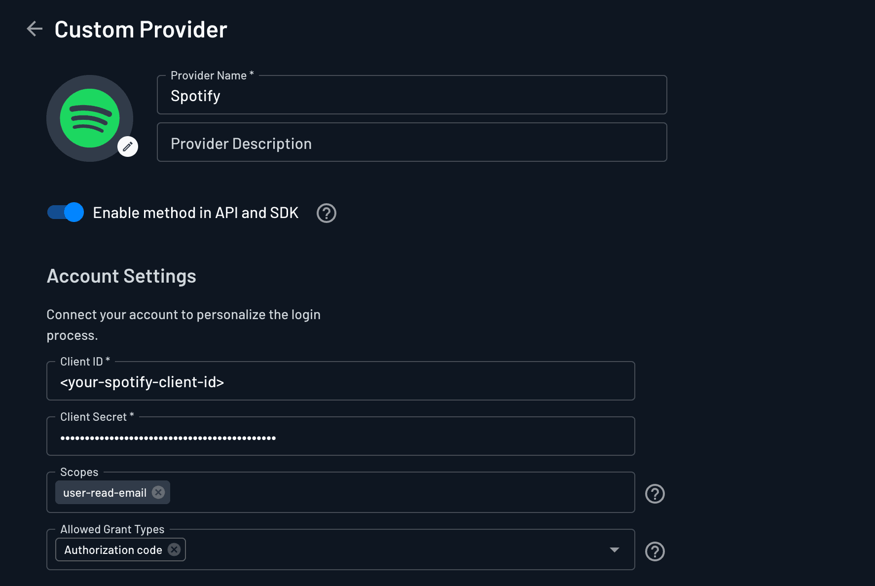Custom Spotify OAuth provider account settings configured within Descope