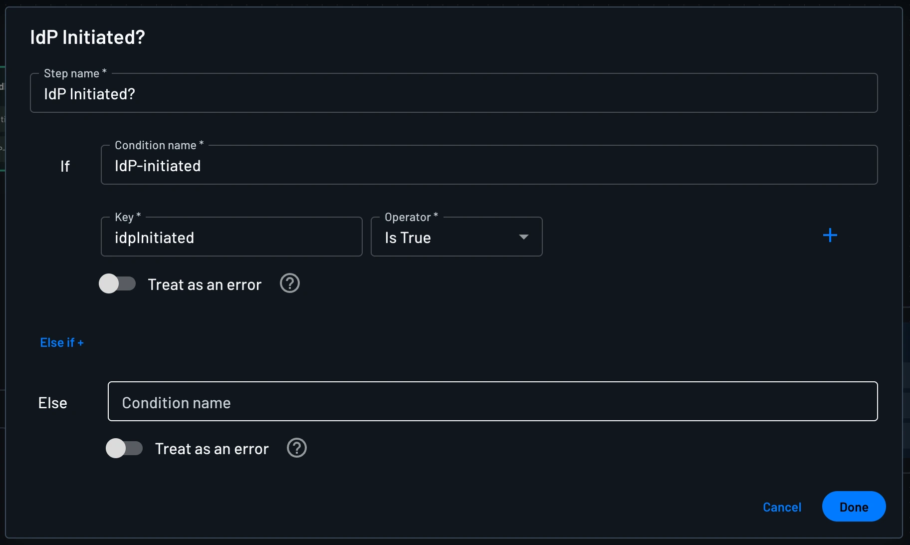 Example configuration of the IdP-Initiated conditional flow item with Descope for IdP-Initiated Authentication..