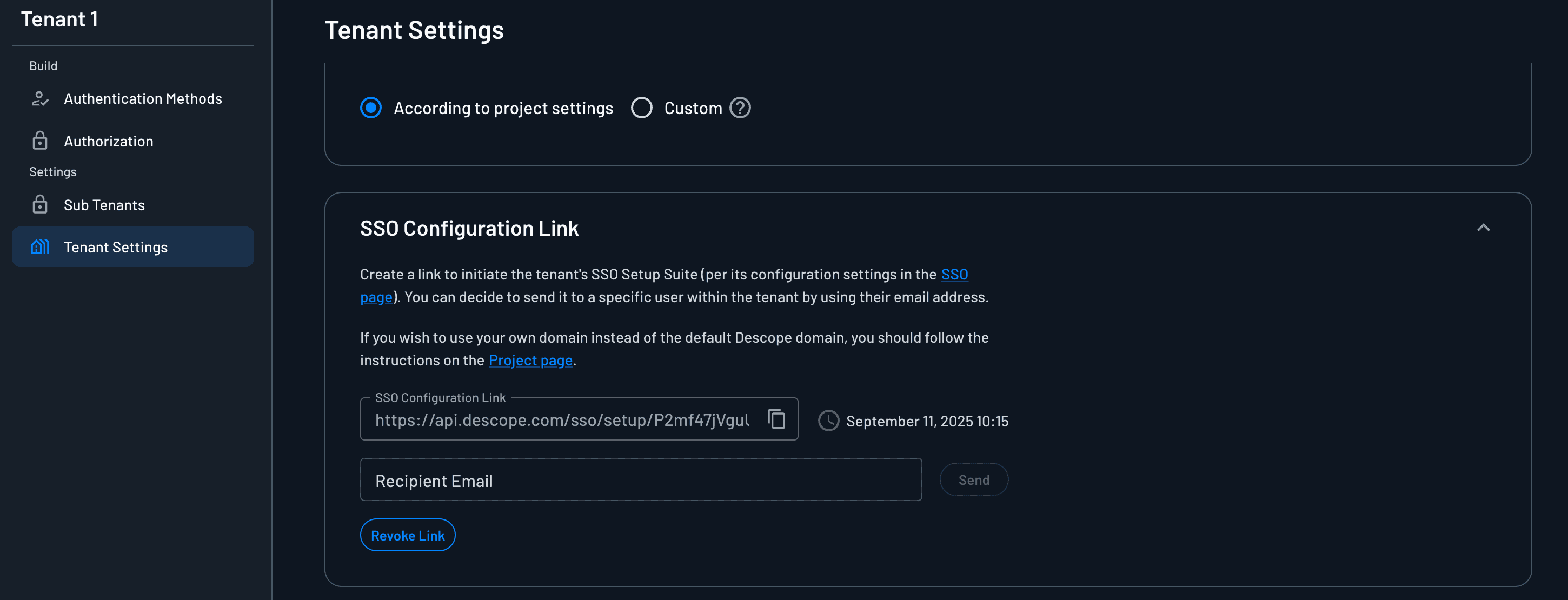 Sending the Descope SSO Setup suite link to user via email within the tenant console.