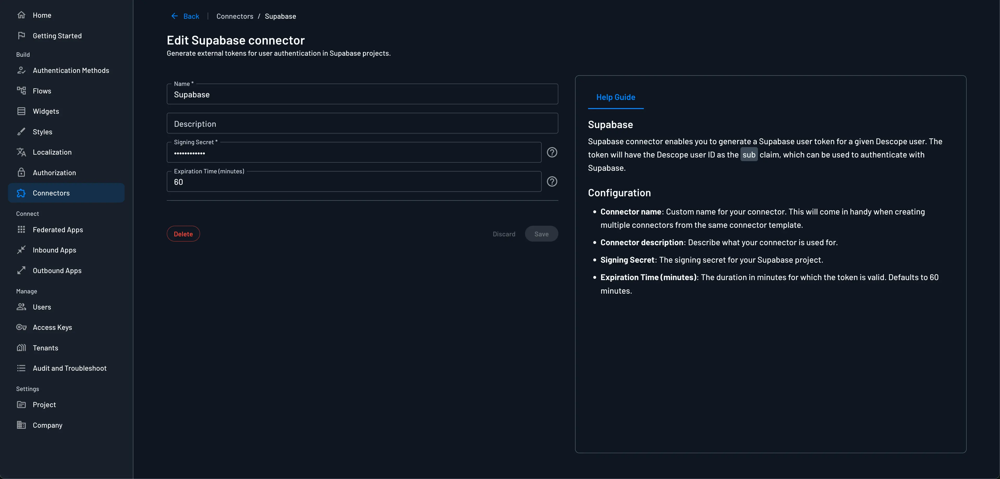 Supabase connector configuration screen