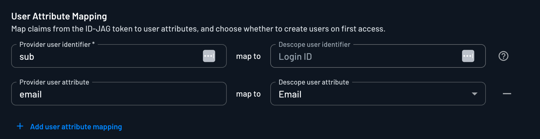 The User Attribute Mapping section in the Cross-App Access (XAA) configuration