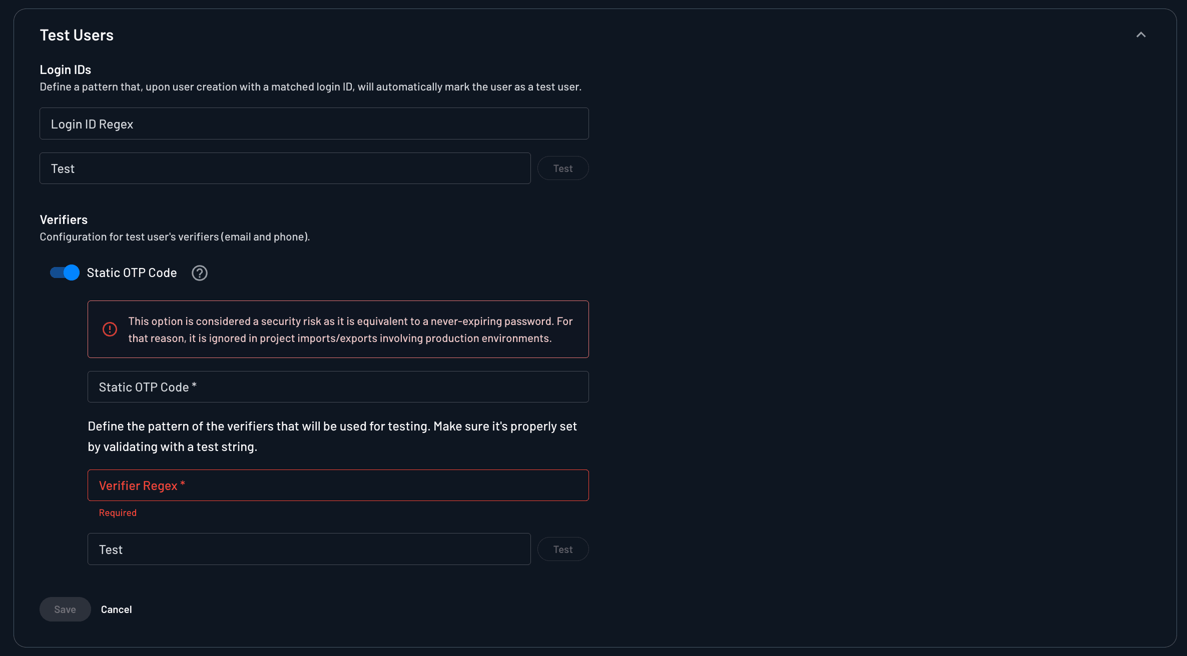 Test Users Project Settings