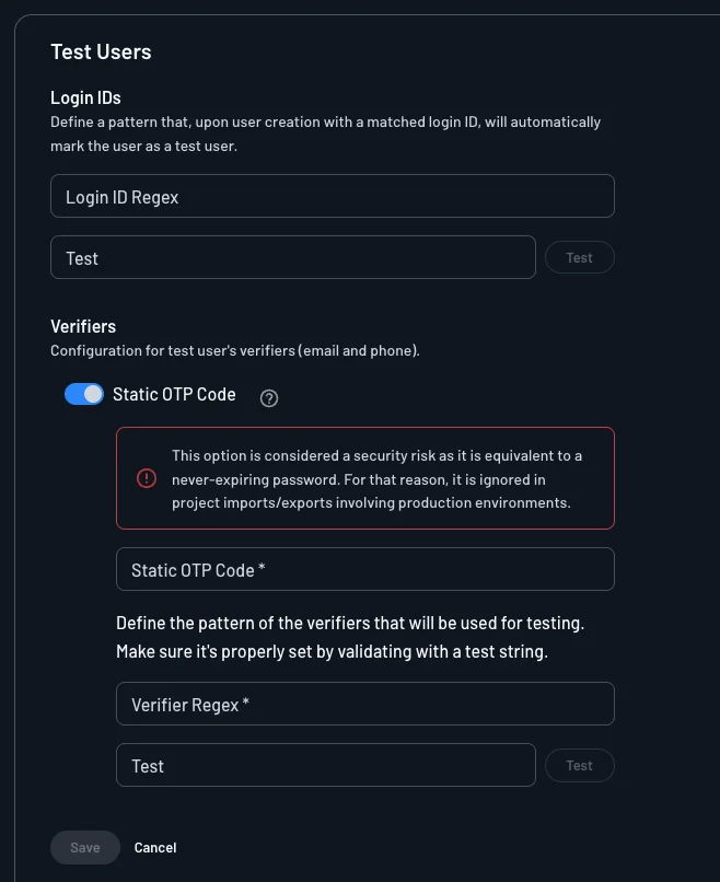 Test Users Project Settings