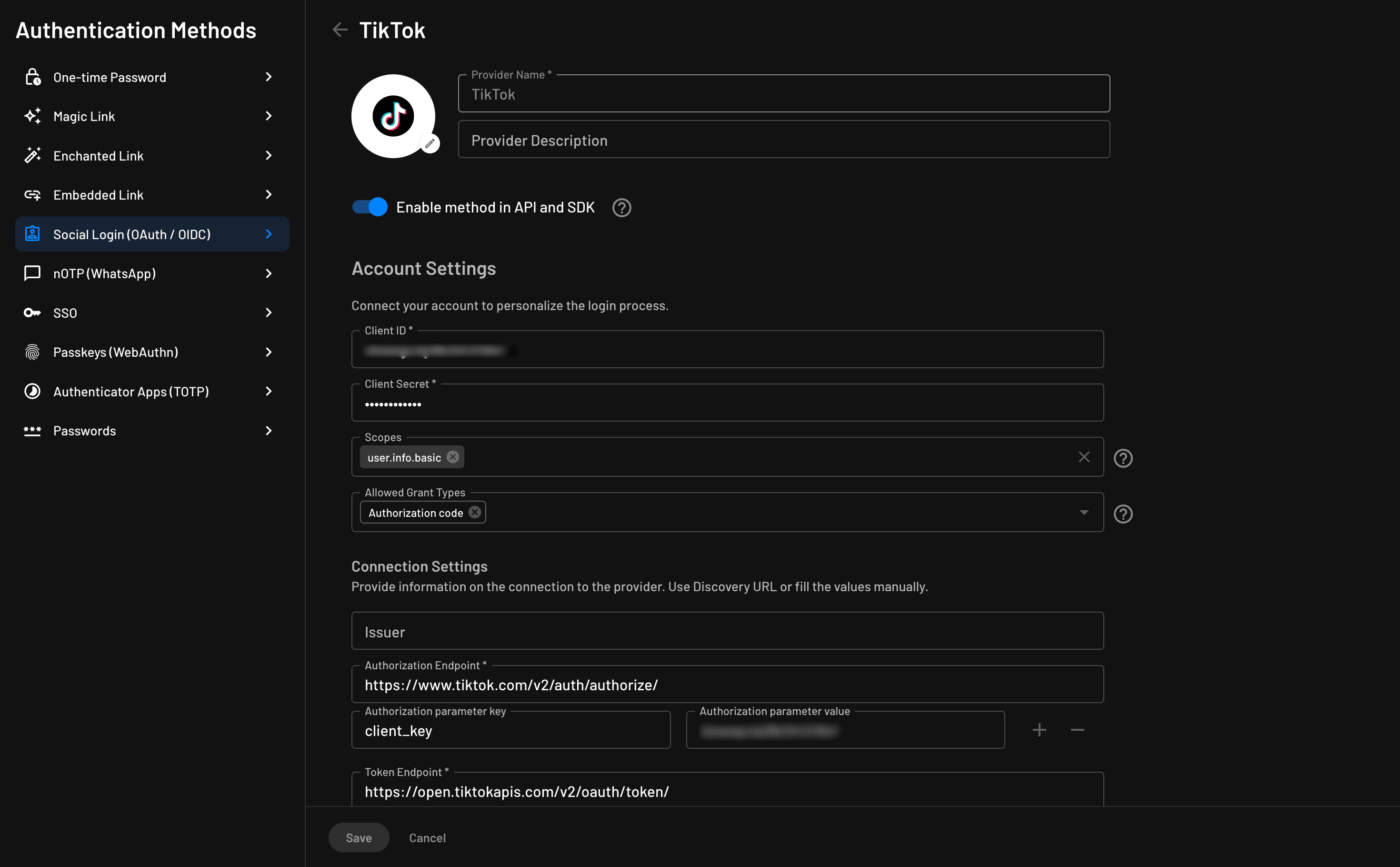 Custom TikTok OAuth provider account settings configured within Descope