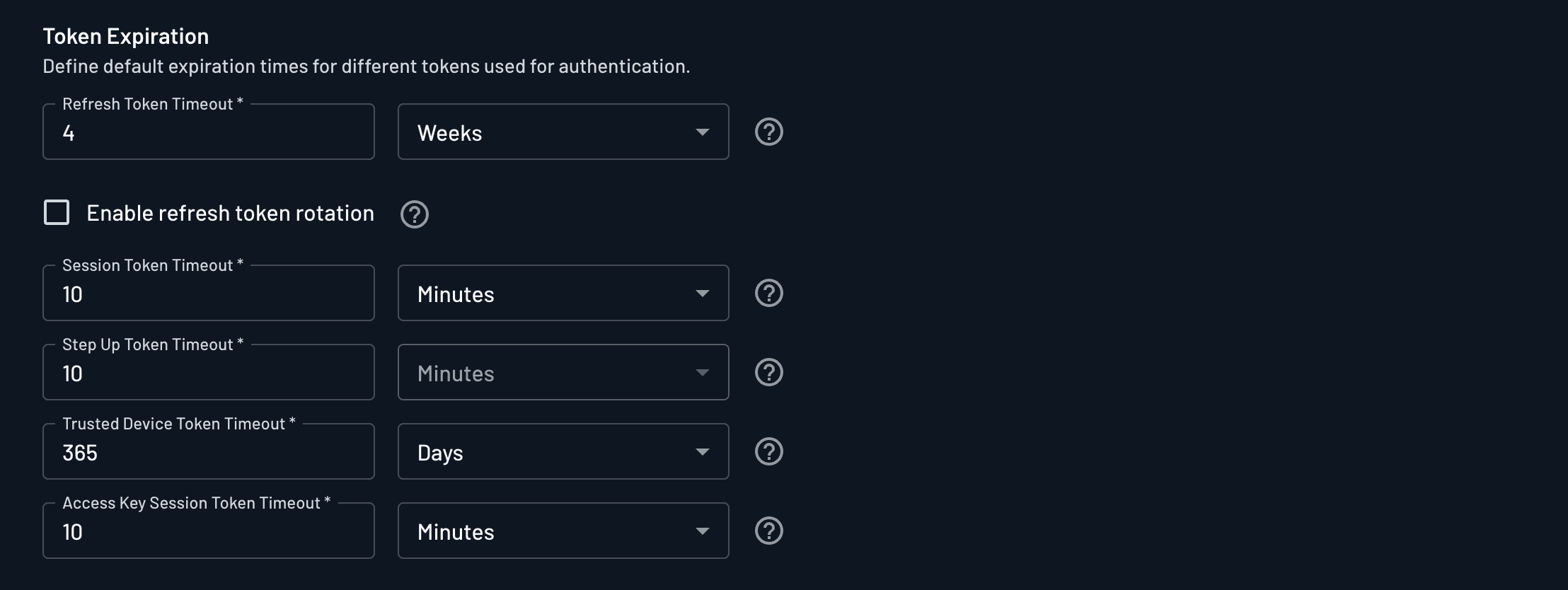 Token Expiration Project Settings