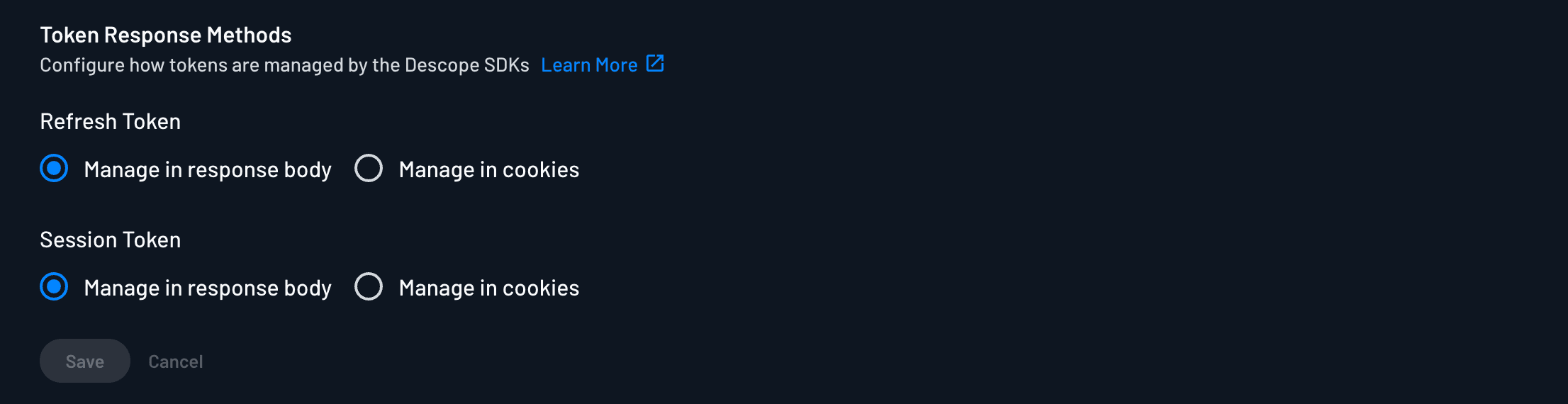 Token Response Methods Project Settings