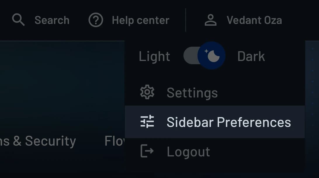 Sidebar Preferences in the user menu