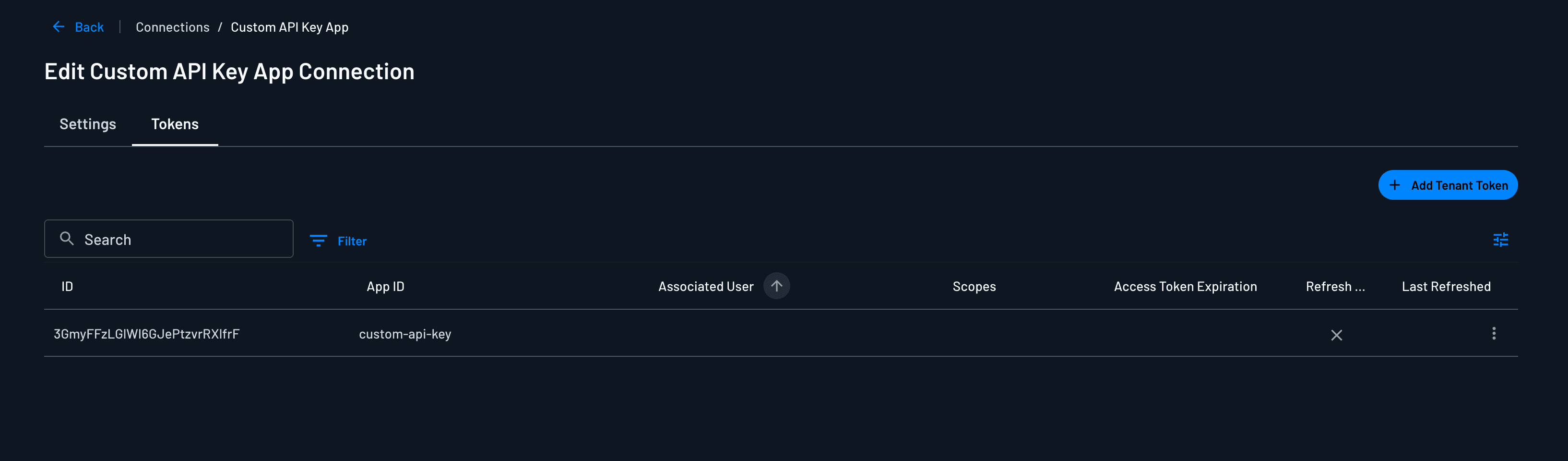 Connection Tokens tab with Add Tenant Token