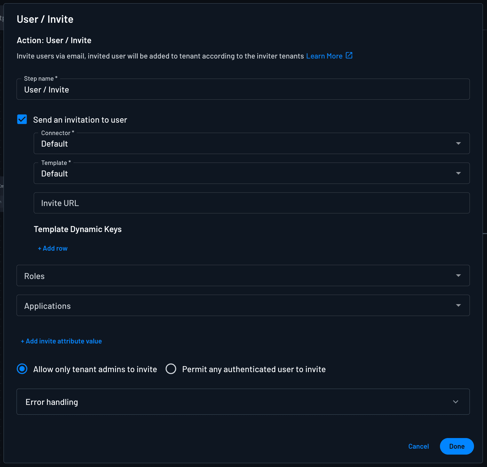 User Invite Flow Action Configuration