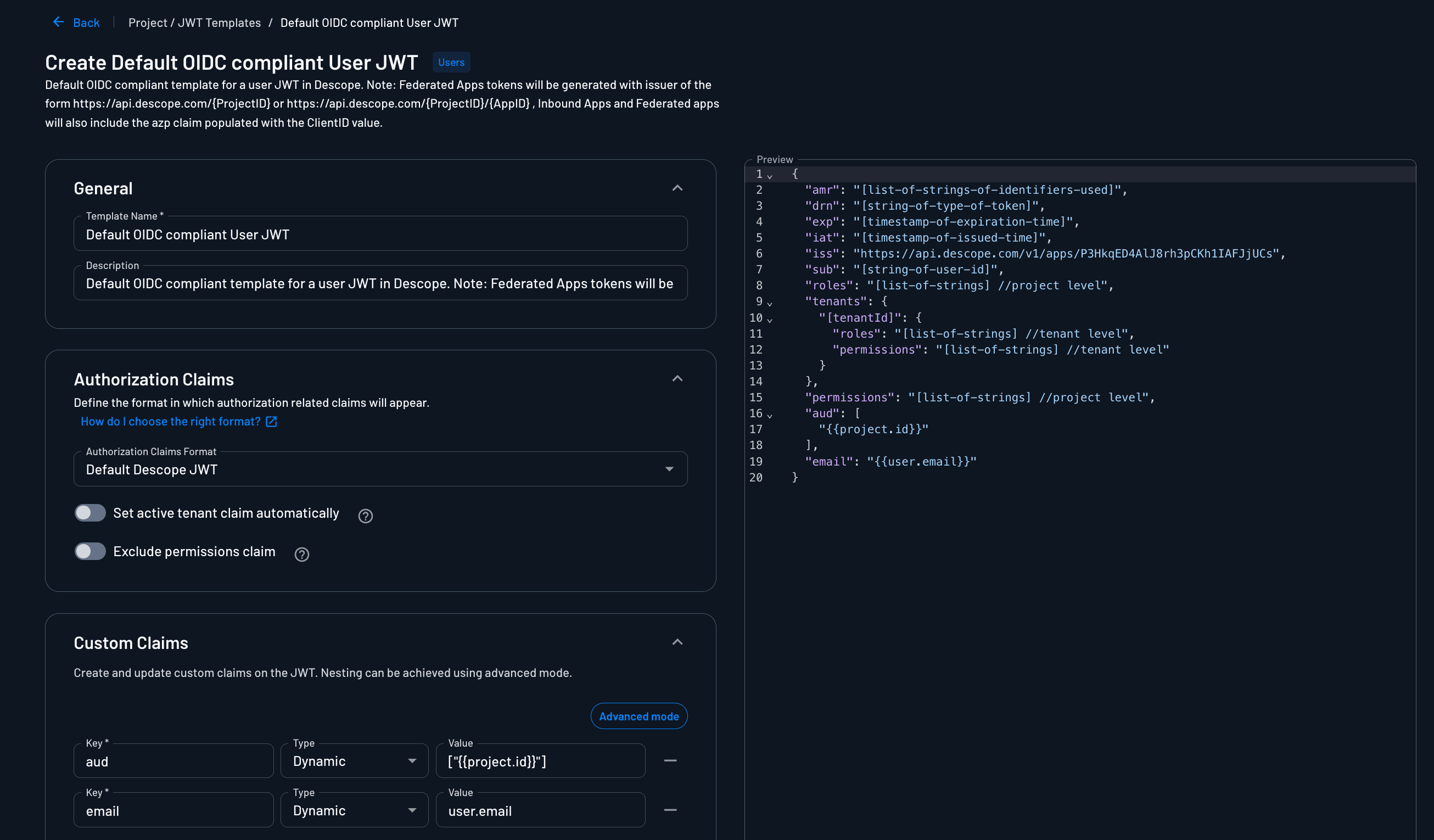 Default User JWT Template