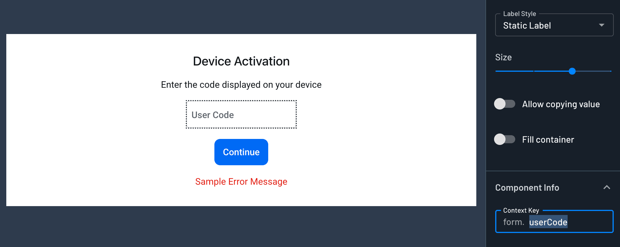 User code input screen