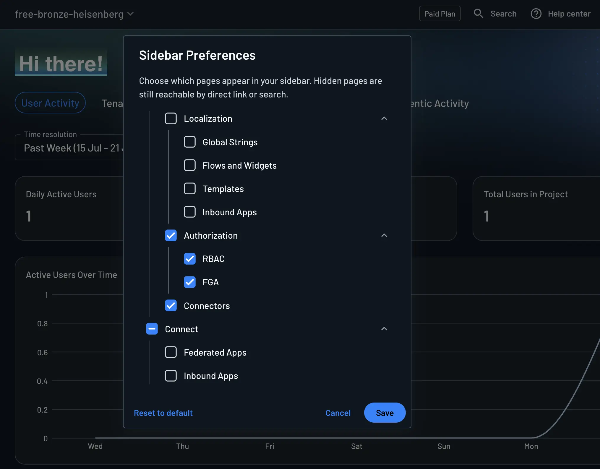 Sidebar Preferences dialog, scrolled to Localization, Authorization, and Connect