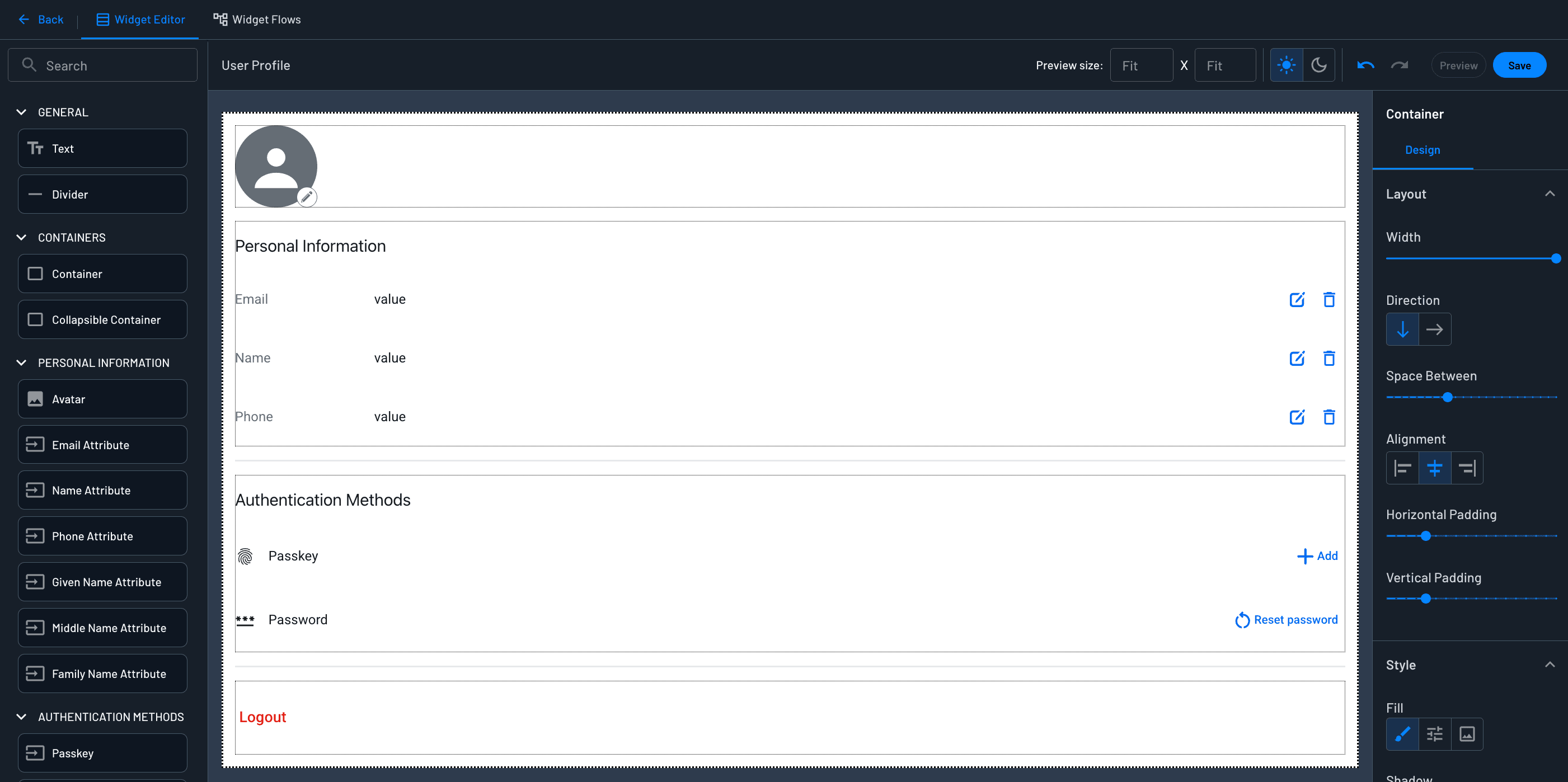 Descope widget editor