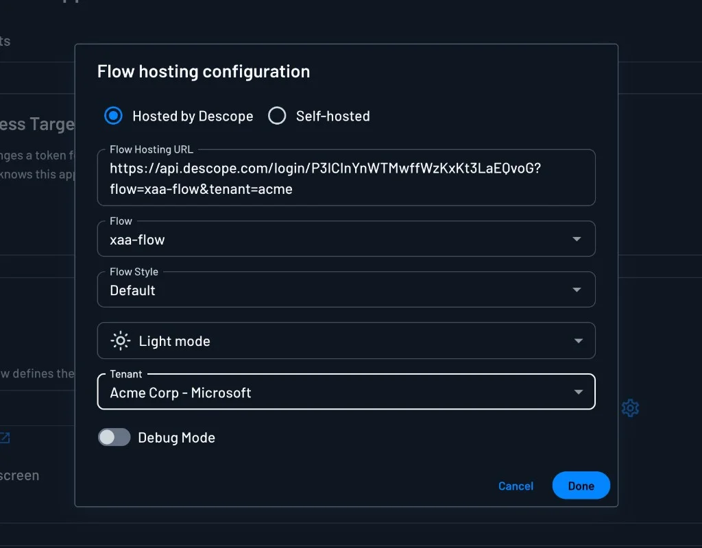 Flow hosting configuration with a tenant selected