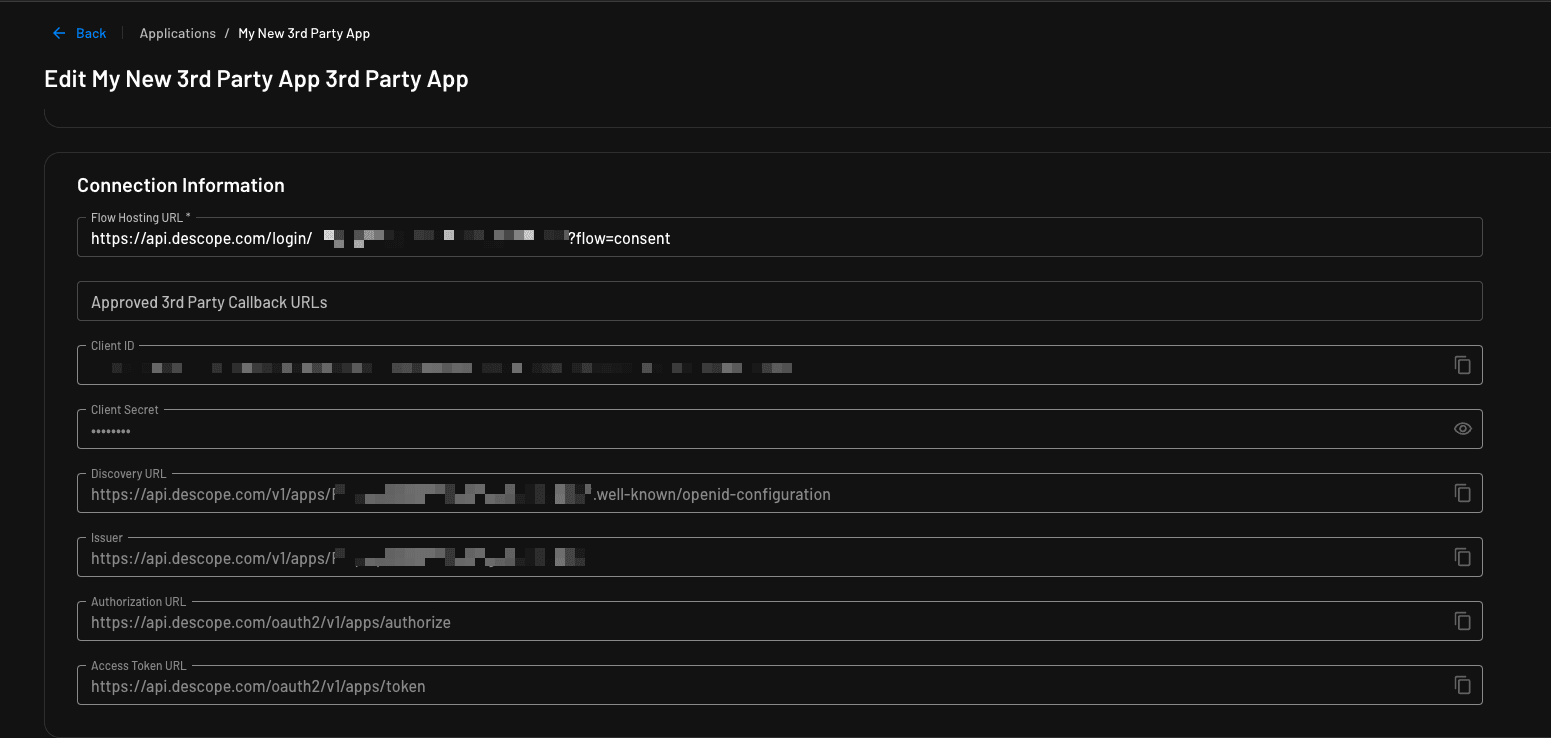 Configuring a 3rd party app's connection information in Descope