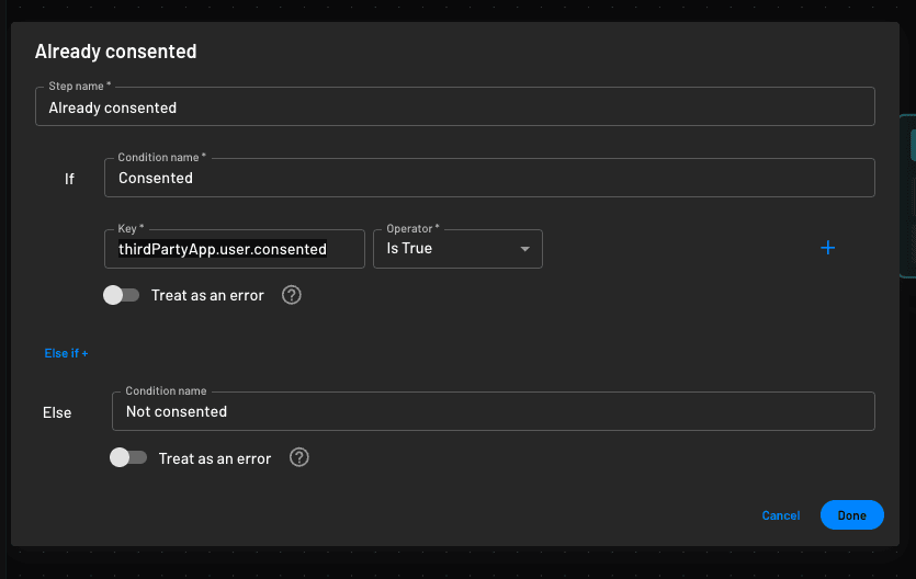 3rd party application flow condition to check if the user has already granted consent in Descope