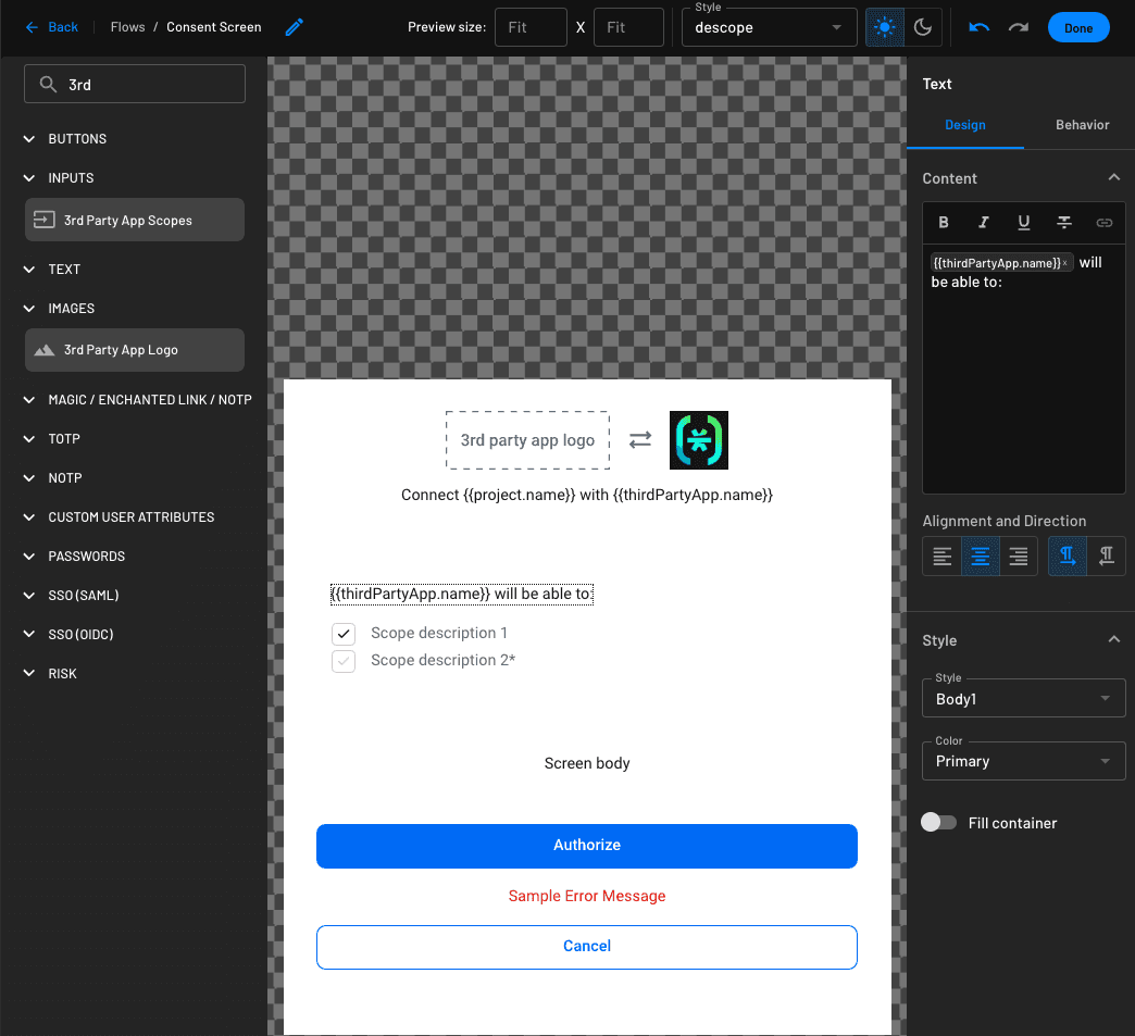 3rd party application flow components in Descope