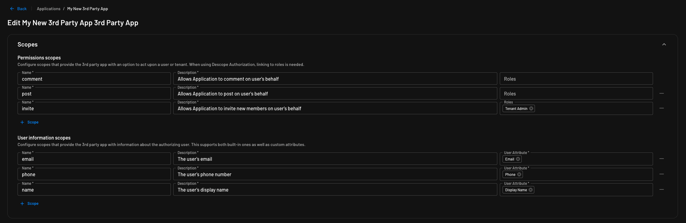 Configuring a 3rd party app's scopes in Descope