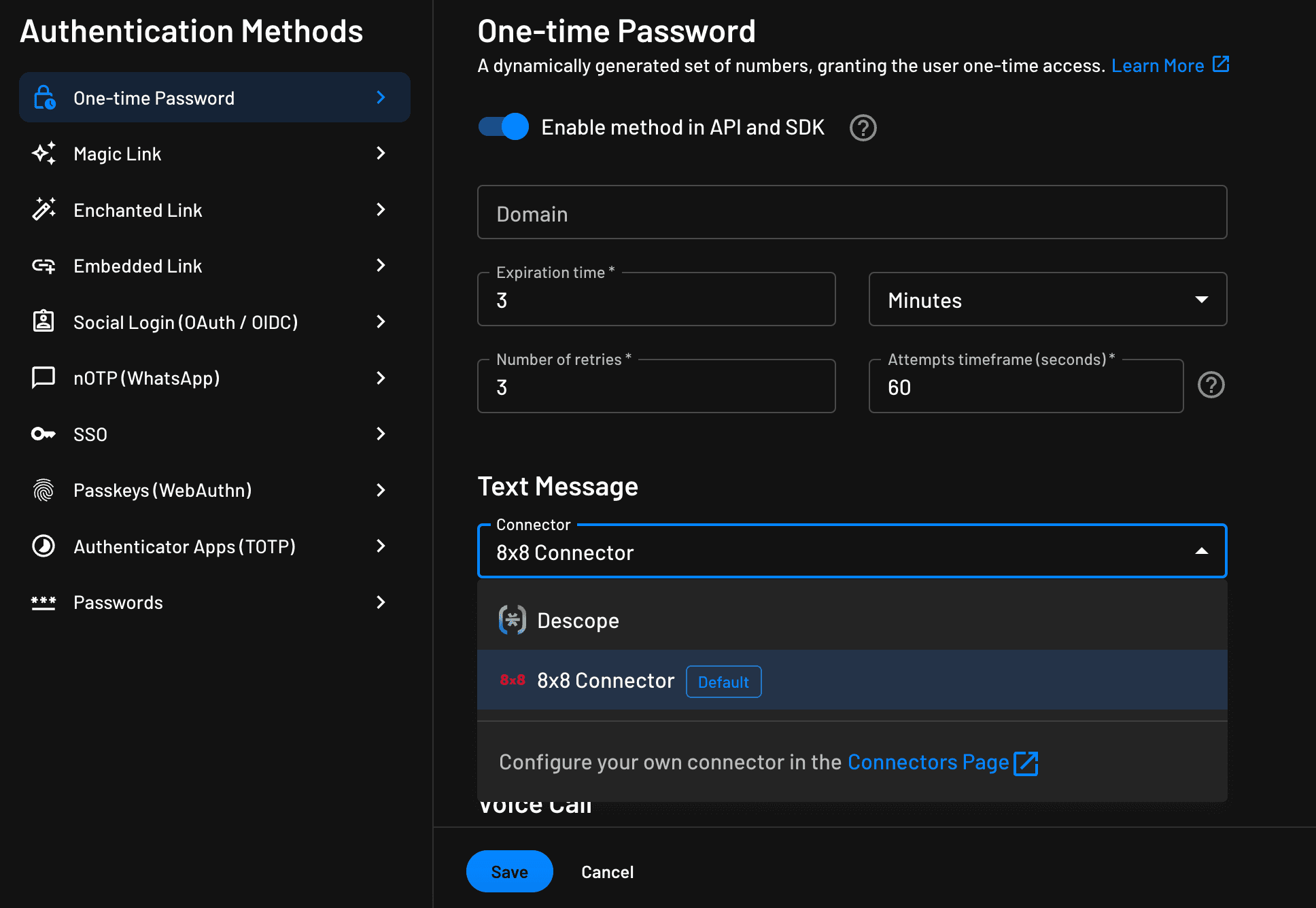 Configuring 8x8 as the default OTP connector within Descope Authentication Methods