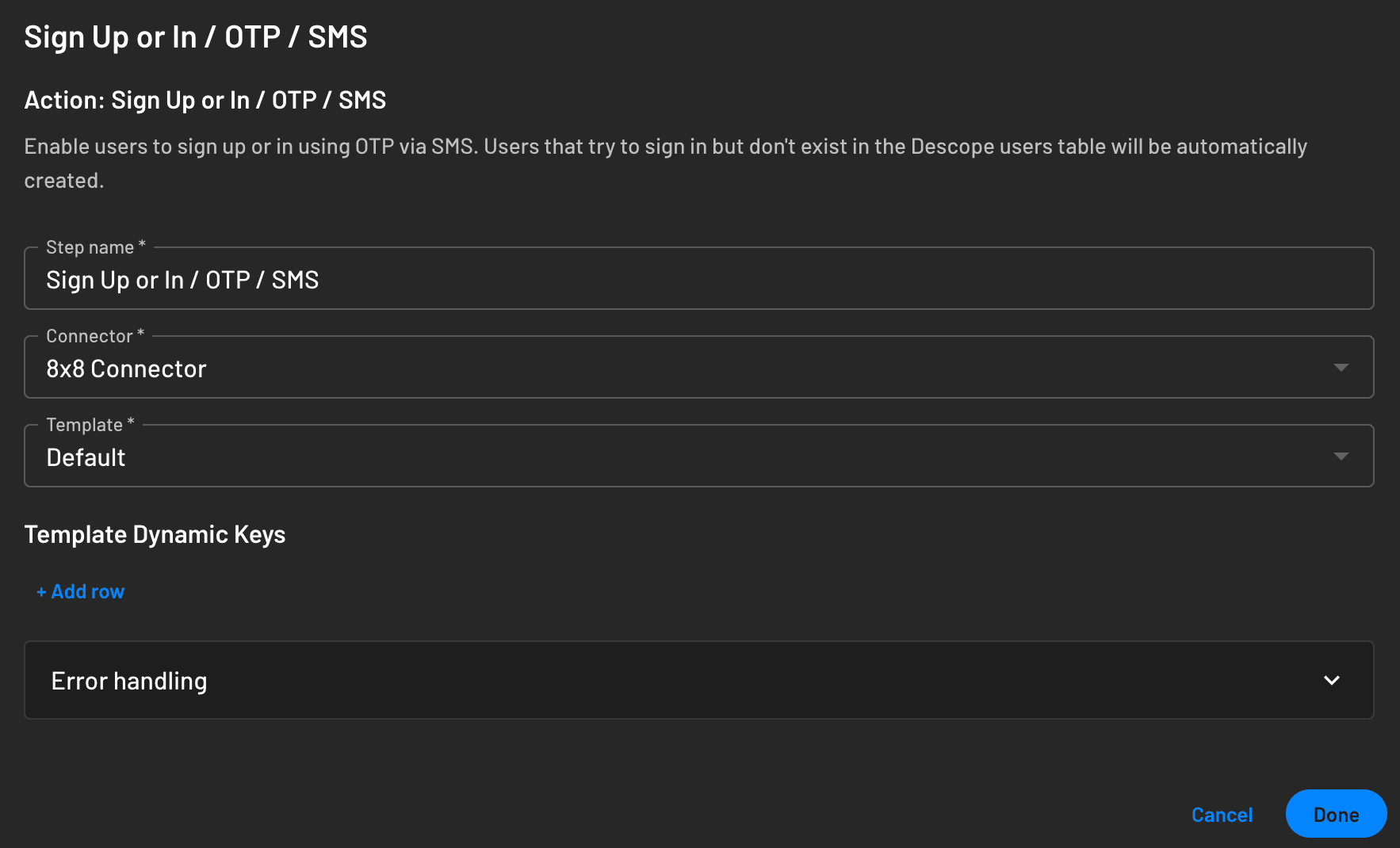 Configuring 8x8 as the OTP connector to be used within Descope flow actions