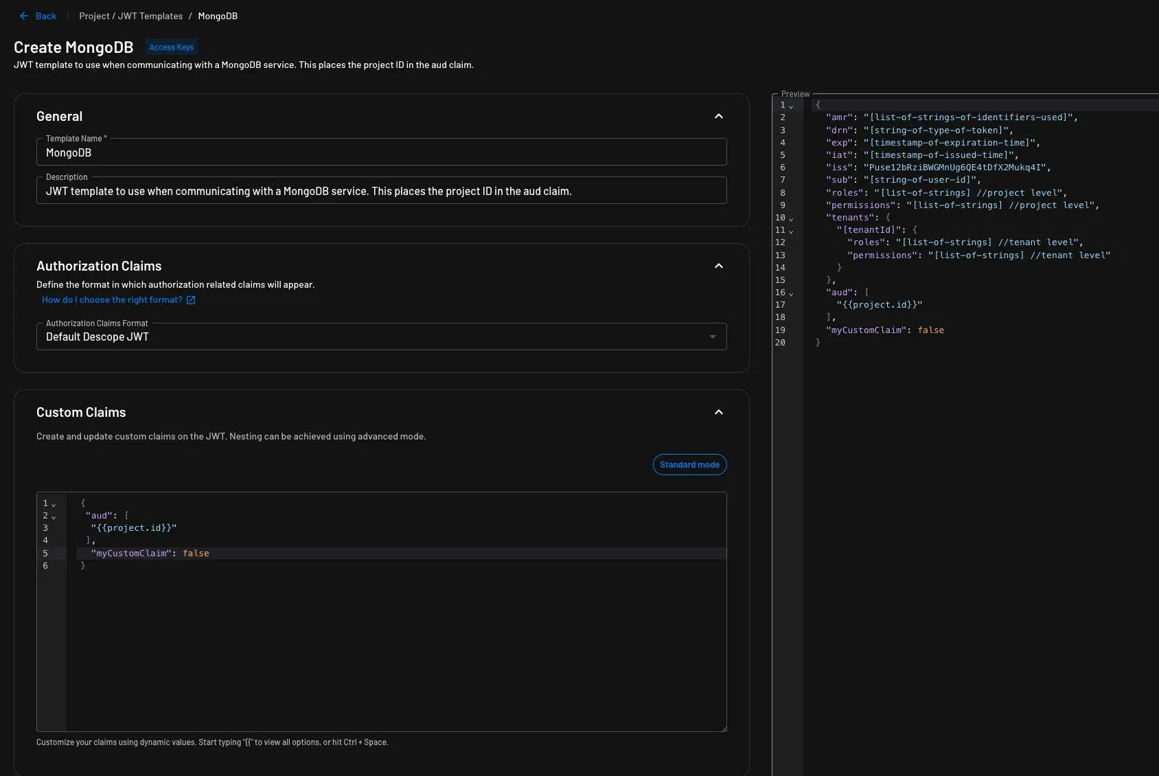 Custom claims configuration in advanced mode on an access key JWT Template within Descope