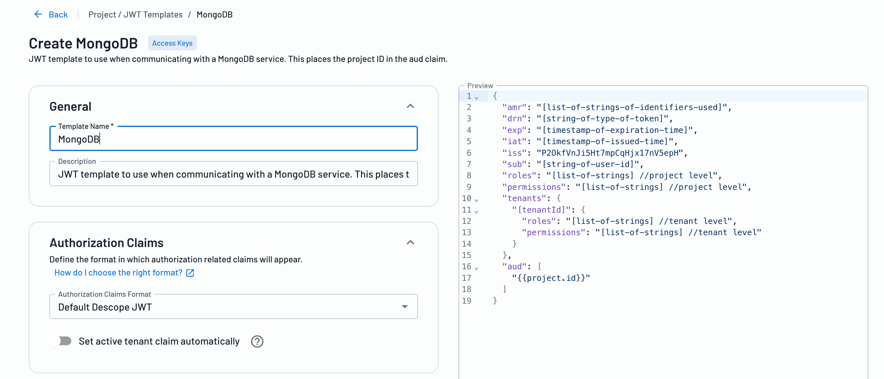 Example of the configurations available within the Mongo DB Access Key JWT template in Descope